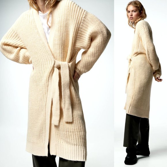 NEW Zara Long Wrap Front Sweater Cozy Warm Knit Oversize Cardigan Butter Cream M - Picture 4 of 8